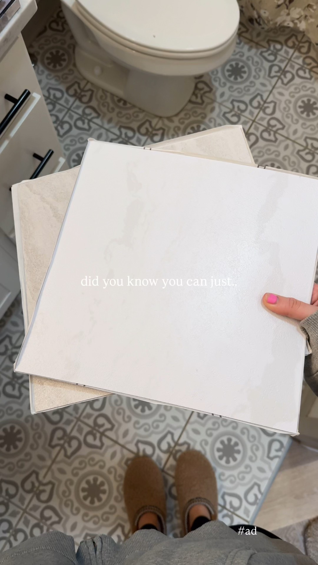 # ad Proof you don’t need experience… just a little patience. 😅
This Chris Loves Julia x FloorPops peel & stick tile from @loweshomeimprovement completely transformed our bathroom.

 New level unlocked. ✨

It’s waterproof with a permanent adhesive, so I have high hopes for how it holds up. I still caulked around the tub and toilet (because kids 😅), but this project seriously leveled up the space.

10/10 recommend. It really is as easy as it looks. The hardest part was measuring odd corners and around the toilet but, that was on the operator, not the product.
#lowespartner #bathroomupgrade #neutralbathroom #peelandsticktile #bathroomdiy

#LTKSeasonal #LTKHome #LTKSaleAlert