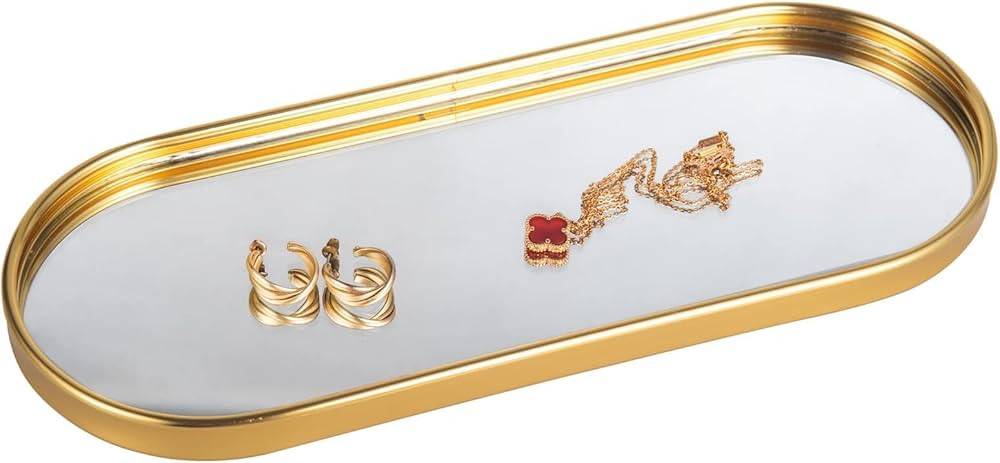 Feyarl Gold Mirror Trinket Vanity Oval Tray Jewelry Little Ring Earings Organizer Ornate Cosmetic... | Amazon (US)