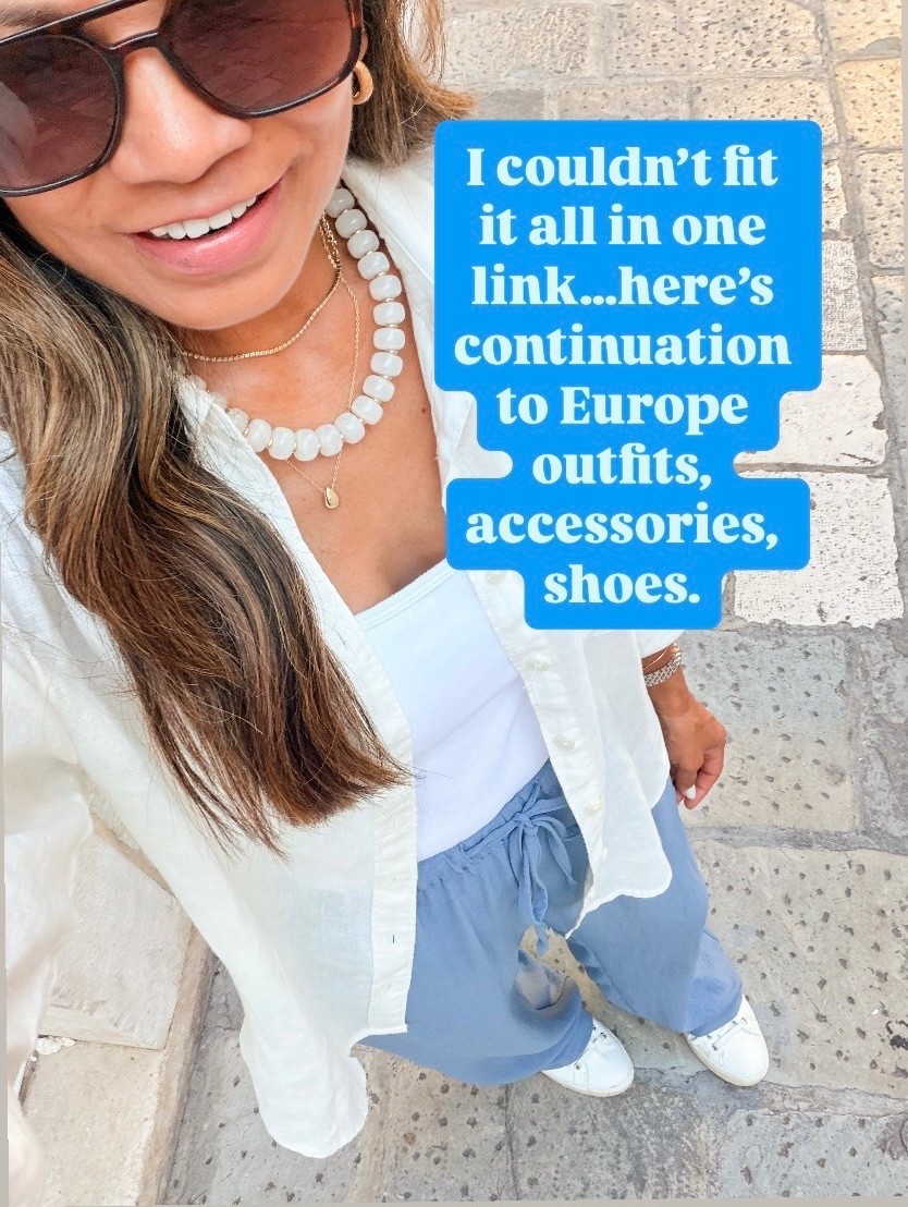 I’m 5’2” 118#ish for reference 
More Europe Accesories, shoes, bags, what I packed.
White linen button down XS
White tank top small
Blue pants small tts.
White sneakers tts-so comfy!!
Europe outfits, travel outfit

#LTKPetite #LTKOver40 #LTKTravel