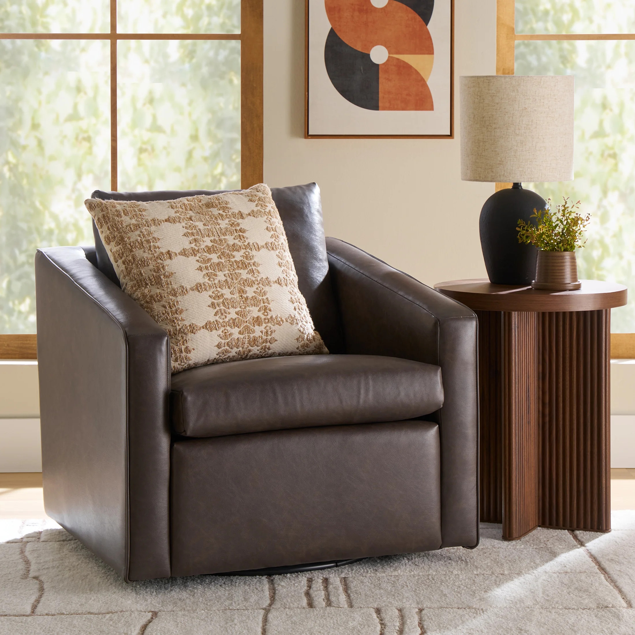 Better Homes & Gardens Steele Swivel Accent Chair, Camel Faux Leather | Walmart (US)