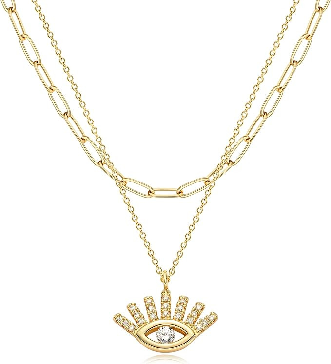 TONTMY STUDIOS Necklace for Women Chain Choker Layered Set CZ 2 Layer 14K Gold Filled Simple Dain... | Amazon (US)