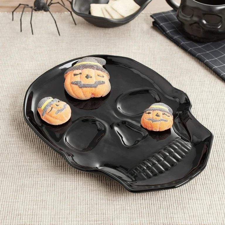 Way to Celebrate 11" Black Skull-Shaped Glazed Ceramic Serving Tray | Walmart (US)
