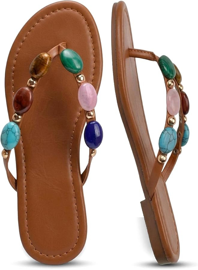 Women Jewelled Thong Strap Open Round Toe Flip Flops Comfy Slip on Flats Sandals Casual Summer Be... | Amazon (US)