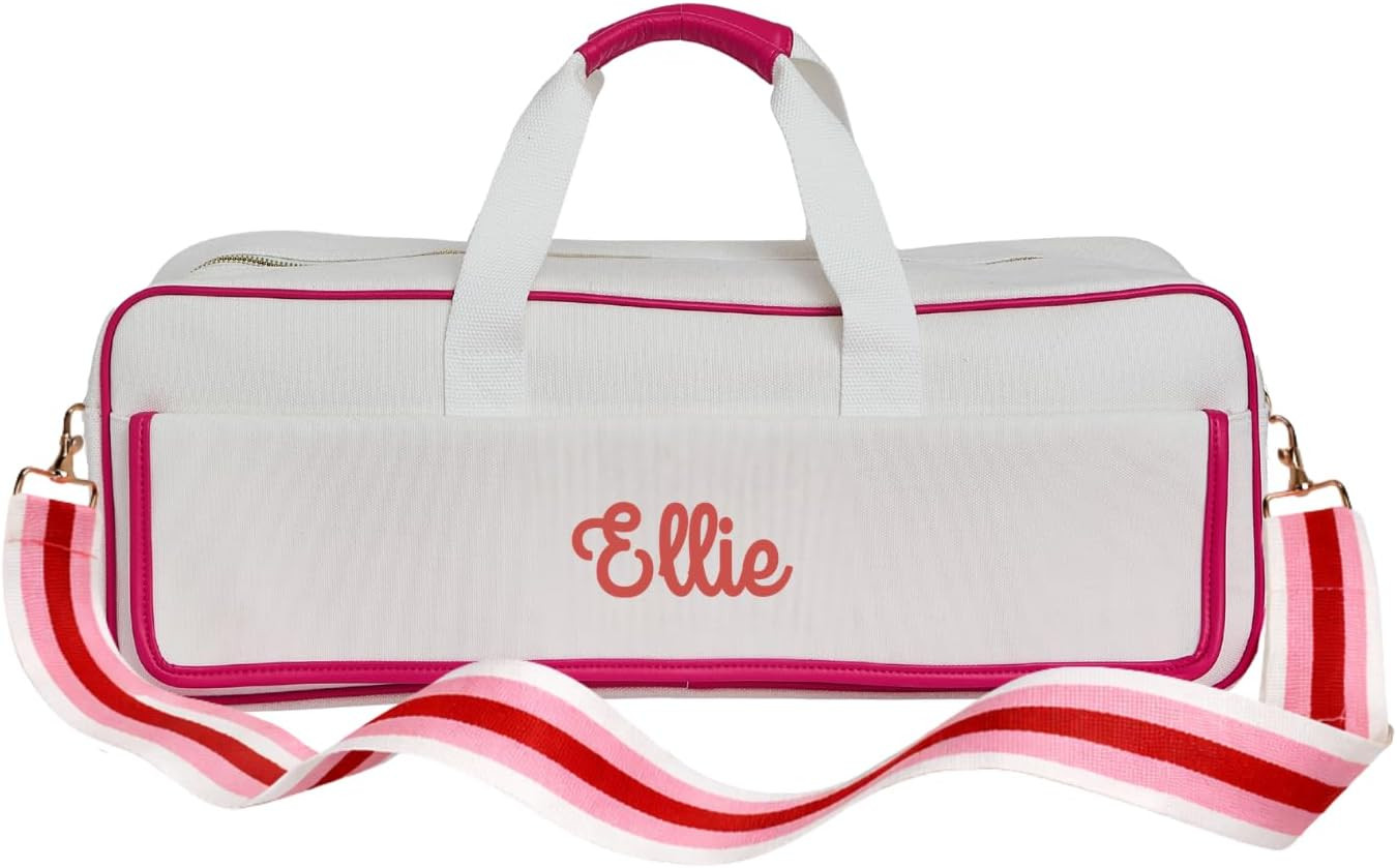 Mahjong Bag for Mahjong Set, Racks & Mat, Canvas Mahjong Carrying Case with Zipper Pockets & Crossbody Strap, Mahjong Travel Storage Bag for Game Nights (Bright Pink Bag Trim/Cherry Strap) | Amazon (US)