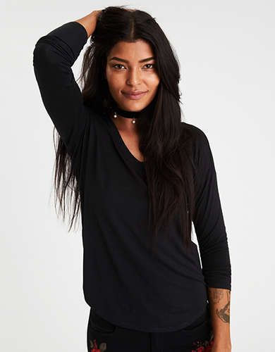 AE Soft & Sexy Long-Sleeve Favorite T-Shirt, True Black | American Eagle Outfitters (US & CA)