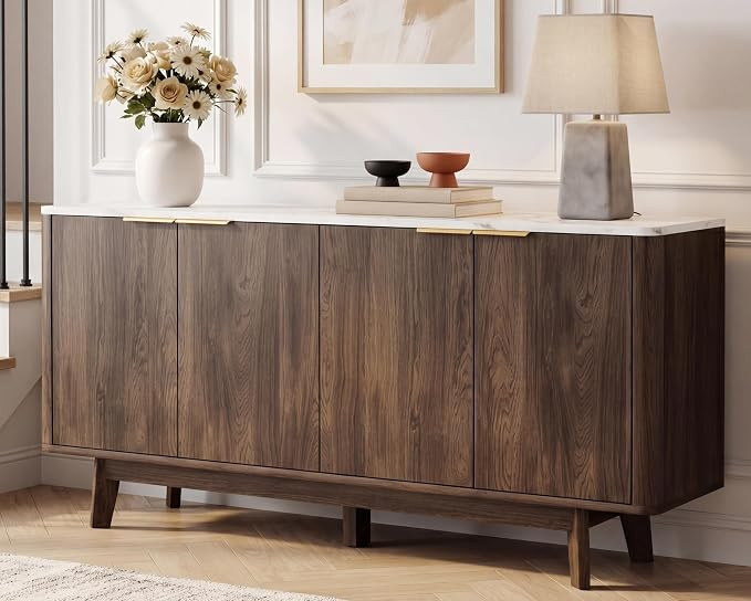 63'' Buffet Cabinet Sideboard with Storage, Large Credenza with 4 Doors, Adjustable Shelves, Mid ... | Amazon (US)
