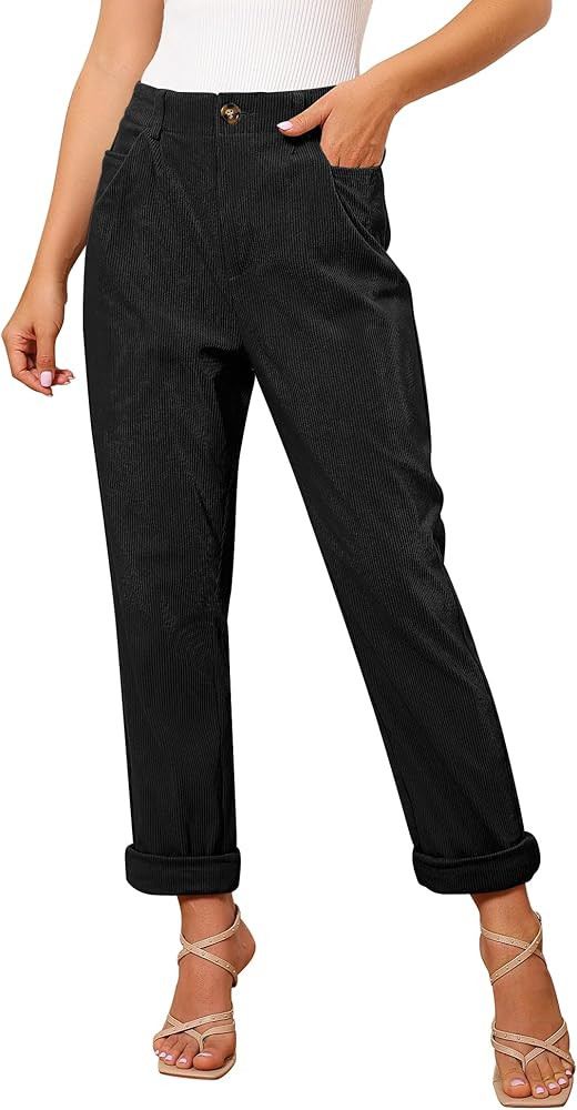 GRAPENT Corduroy Pleated Pants for Women Casual Stretchy High Waisted Straight Leg Trousers Loose... | Amazon (US)