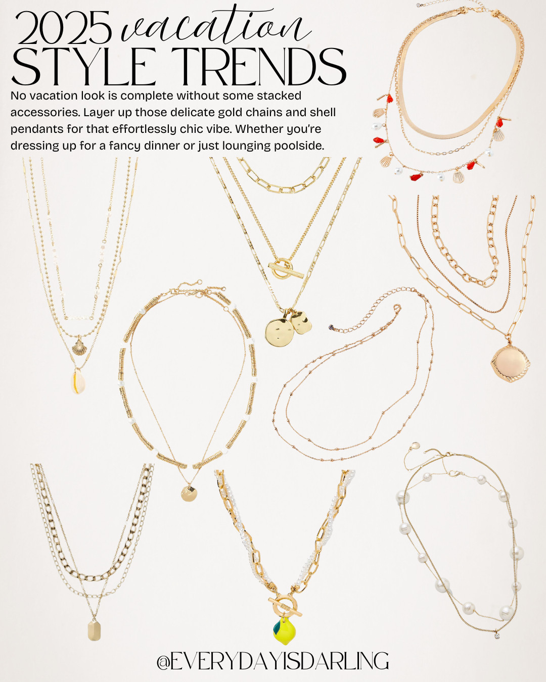 Seashell dreams and golden layers 🌊✨ Layered necklaces with delicate shell pendants add a touch of beachy elegance to any look. Effortless, chic, and perfect for summer vibes! #CoastalGlam #LayeredElegance

Summer style  spring break fashion  resort wear  trending jewelry  necklaces  everydayisdarling 

 #LTKStyleTip #LTKTravel #LTKBump