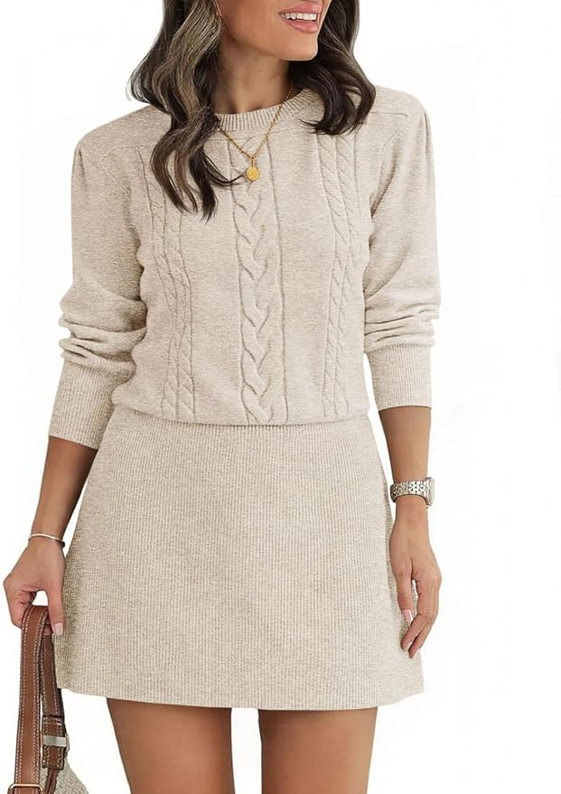 Saodimallsu Womens Puff Long Sleeve Sweater Dress Cable Knit A Line Crew Neck Fall Casual Flare M... | Amazon (US)