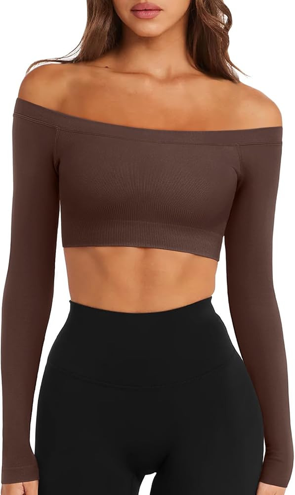 LASLULU Womens Off The Shoulder Tops Seamless Long Sleeve Workout Crop Top Sexy Gym Yoga Going Ou... | Amazon (US)