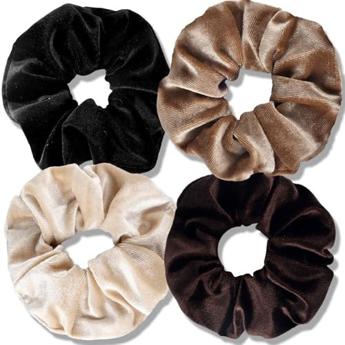 TUCEWP Velvet Scrunchies for Women Girls 4Pcs Large Brown Black Scrunchies Long Thick Curly Hair Soft Hair Bands Neutral Scrunchie Cute Ponytail Holders No Damage Elastic Hair Ties Hair Accessories | Amazon (US)