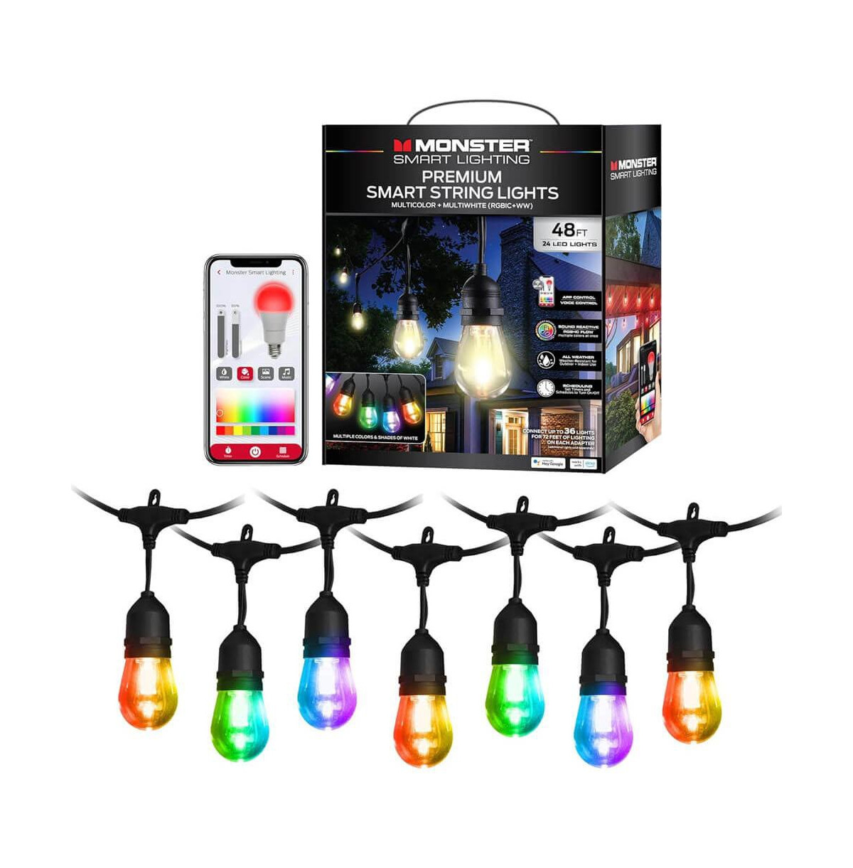 Monster Cable 24 ft Sound Reactive Smart Multi-Color Outdoor String Light | Macy's