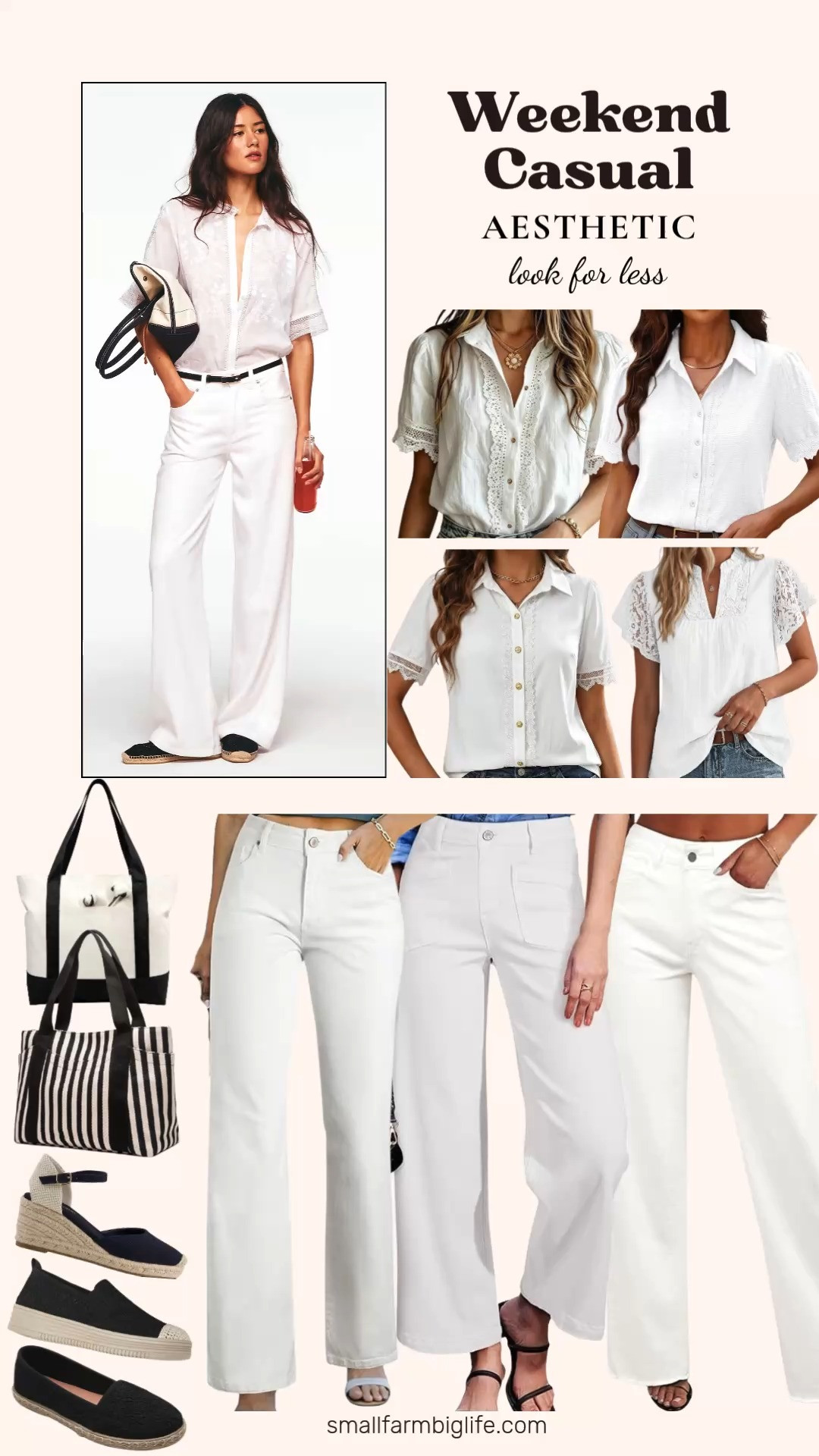 White wide leg jeans paired with a delicate lace blouse is such a pretty and effortless summer look and this whole outfit comes together for so much less than you would expect. I rounded up three different white wide leg jean styles so you can find the fit and rise that works best for you, and the lace blouse options range from collared button downs to casual cotton styles so there is something for every preference. The black espadrille flats with flower embroidery are such a charming shoe for this look and the closed toe espadrille wedge gives you a little more height if you prefer. The black and cream canvas tote and black and white striped shoulder bag are both perfect bags to complete the outfit. Tap to shop! 

 #LTKgrwm #LTKootd #LTKOver40