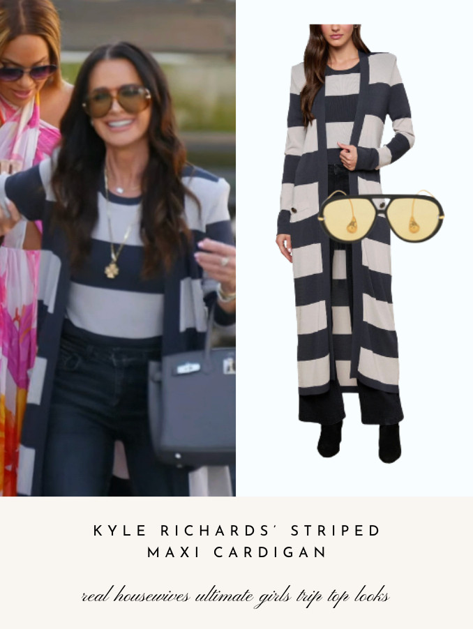 Kyle Richards' Striped Maxi Cardigan, Top, and Sunglasses on Real Housewives Ultimate Girls Trip: Roaring 20's 

 
