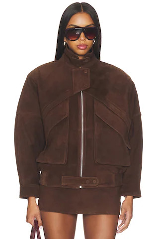AEXAE Lamb Leather Suede Aviator Jacket in Chocolate. - size XS | Revolve Clothing (Global)