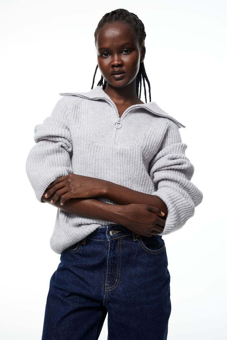 Oversized zip-top jumper - Light grey - Ladies | H&M GB | H&M (UK, MY, IN, SG, PH, TW, HK)