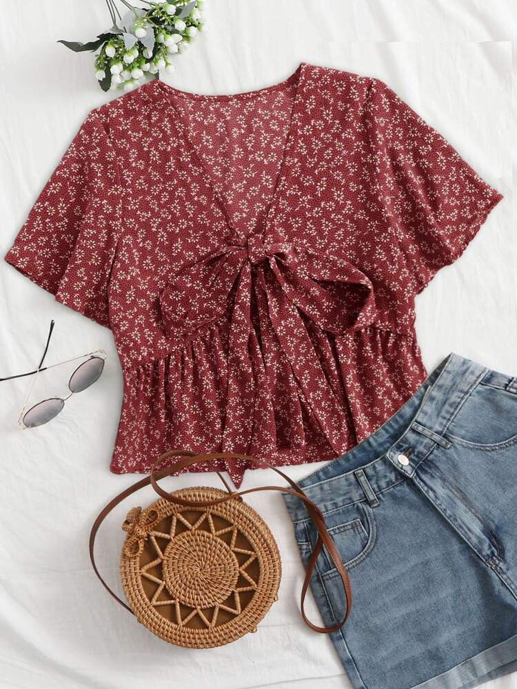 SHEIN VCAY Ditsy Floral Tie Front Peplum Blouse | SHEIN