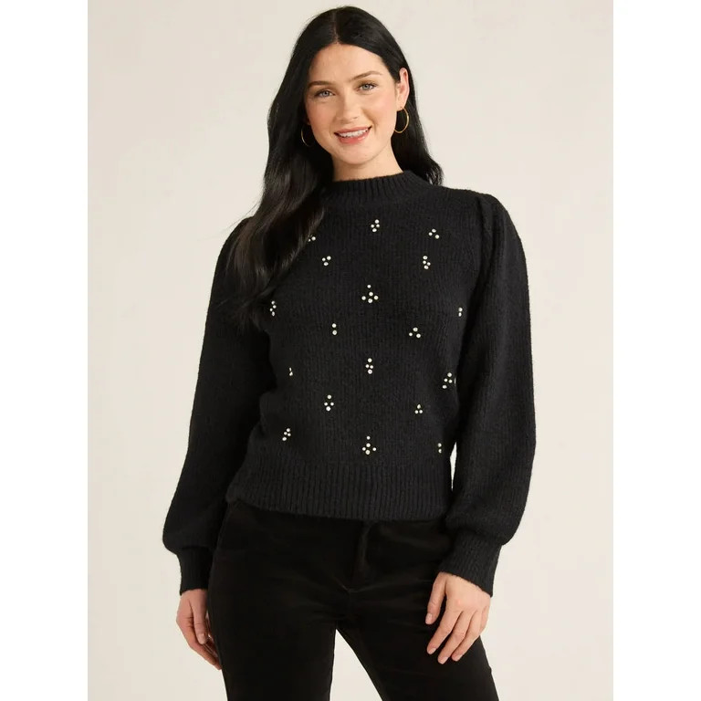 Free Assembly Women’s and Women's Plus Beaded Sweater with Puff Sleeves, Midweight, Sizes XS-4X | Walmart (US)