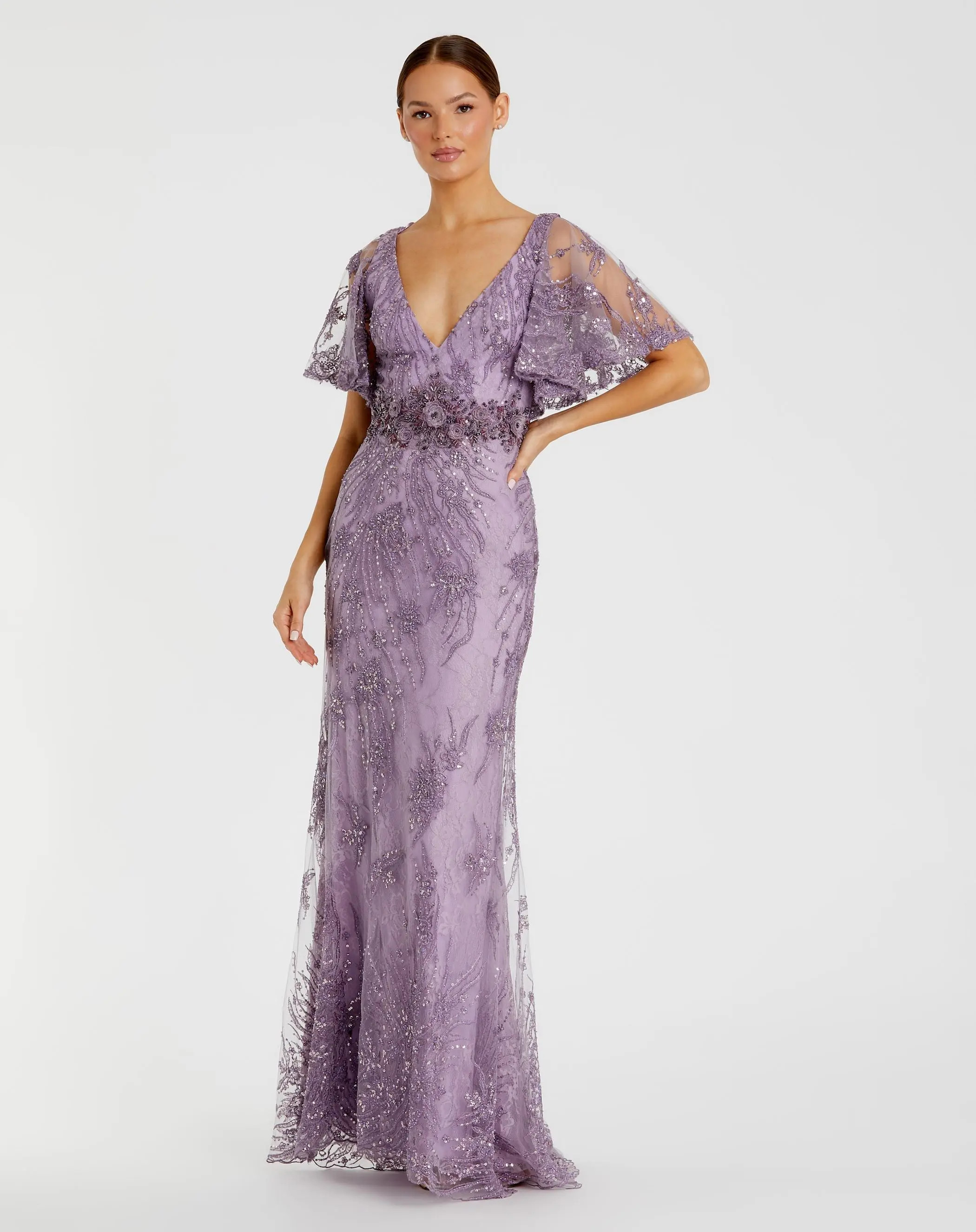Purple Embellished Flutter Sleeve Evening Gown | Mac Duggal | Mac Duggal