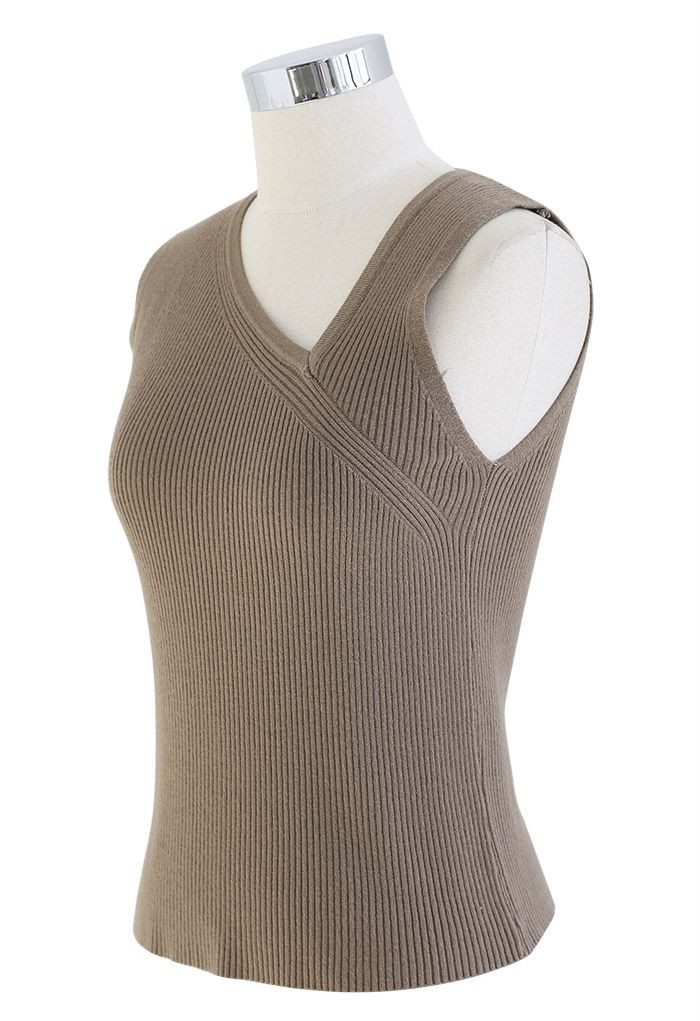 Oblique V-Neck Knit Tank Top in Brown | Chicwish