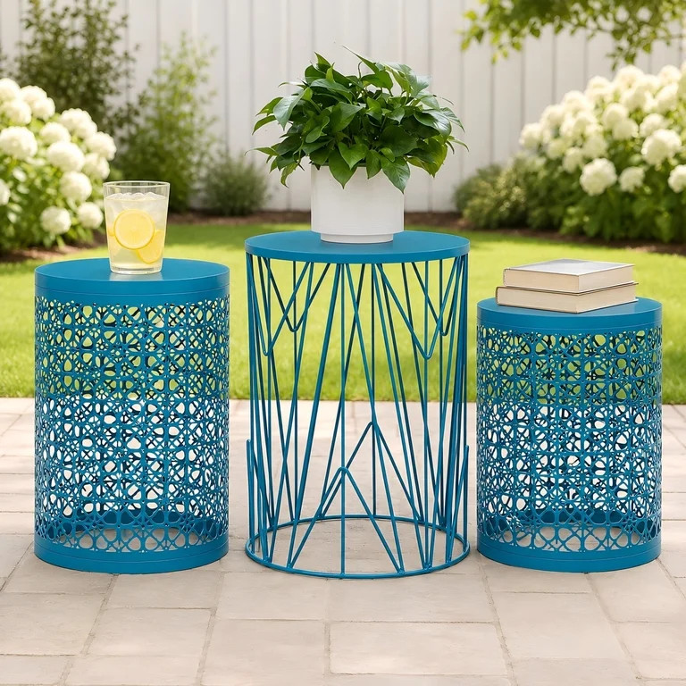 Y&M Outdoor Heavy Duty Metal Round End Table, Blue (Set of 3) | Walmart (US)
