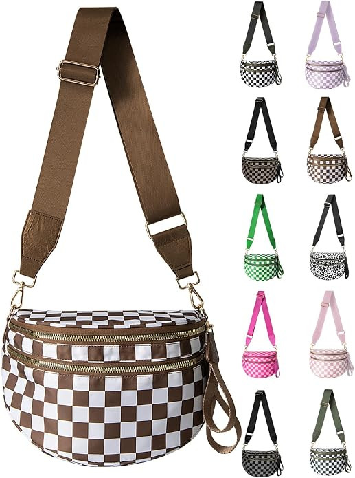 Checkered Nylon Crossbody Bag for Women, Spacious Checkered Bum Bag Purse Shoulder Bag Sling Bag ... | Amazon (US)