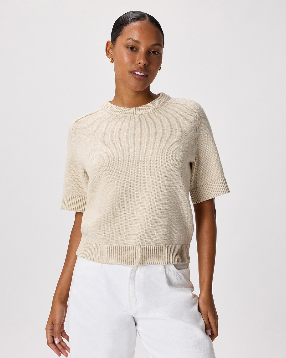 Quince | Women's Sweater T-Shirt in Speckled Beige, Size XL, Organic Cotton | Quince