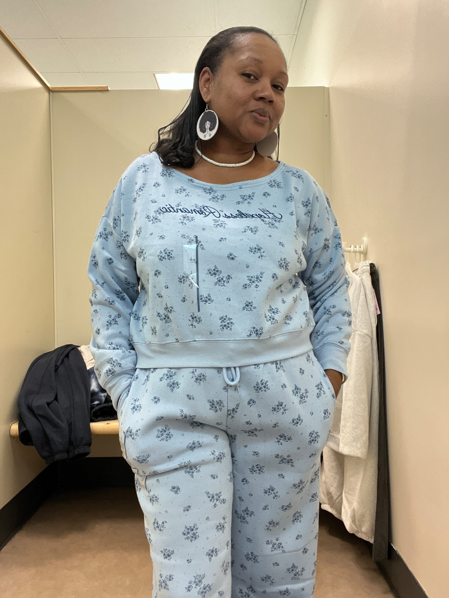 Women's blue off-the-shoulder hopeless romantic sweatshirt and Women's Lounge Wide Leg Graphic Jogger Pants- Light Blue Floral 💙

#LTKOver40 #LTKMidsize #LTKFindsUnder50