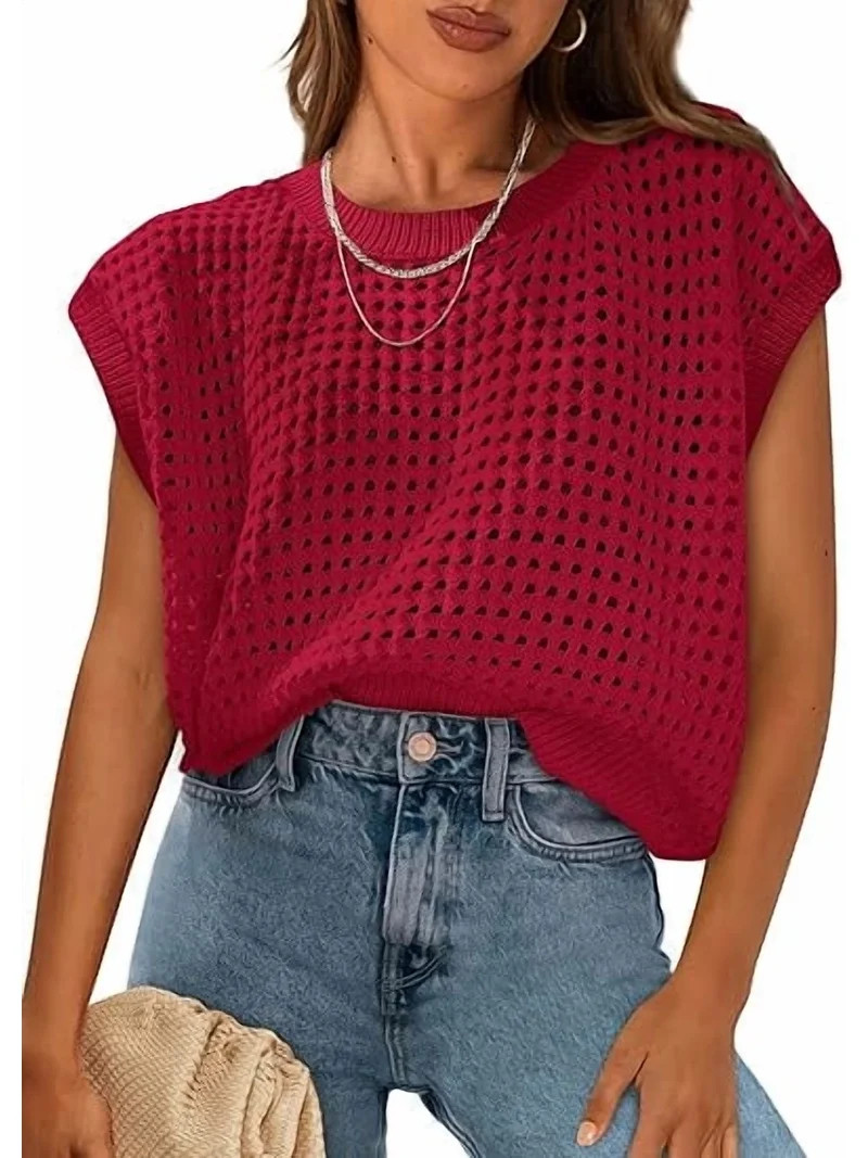 PRETTYGARDEN Womens Spring Tops Summer Shirts Crochet Cap Sleeve Sweater Pullover Cute Crew Neck ... | Walmart (US)