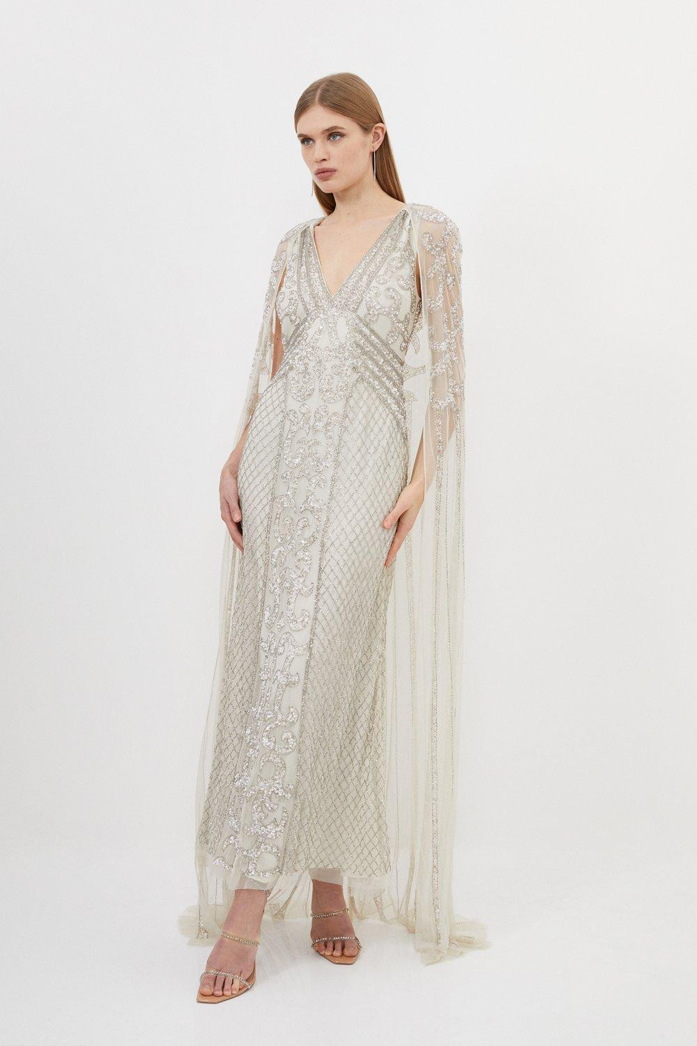 Embellished Woven Maxi Dress With Cape | Karen Millen UK + IE + DE + NL
