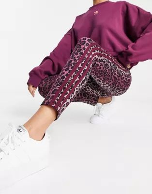 adidas Originals three stripe leopard print leggings in burgundy | ASOS (Global)