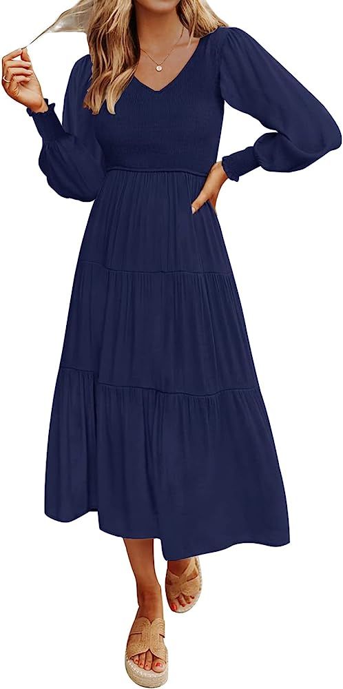 ZESICA Women's Casual Long Sleeve Crew Neck High Waist Smocked Flowy Tiered Midi Dress | Amazon (US)