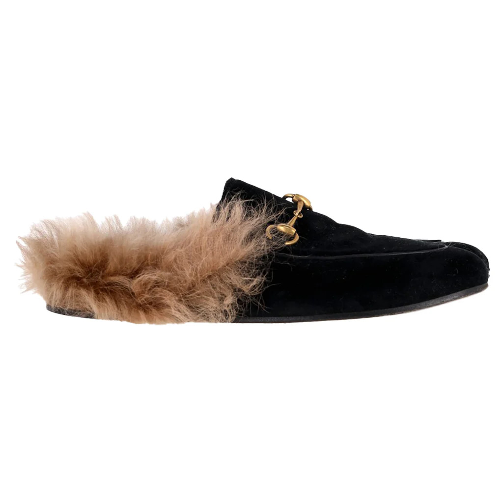 Gucci Princetown Mule Flats in Black Velvet and Fur | Rebag