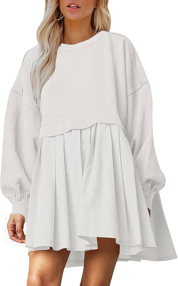 Dokuritu Sweatshirt Dress Women Crew Neck Long Sleeve Patchwork Pullover Tops Flowy Oversized Swe... | Amazon (US)