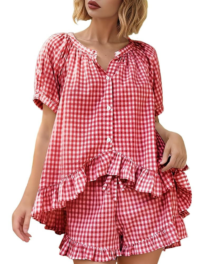 Yimoon Womens Gingham Pajamas Set Plaid Cotton Pj Set Puff Sleeve Ruffle Babydoll Shirt Shorts Su... | Amazon (US)