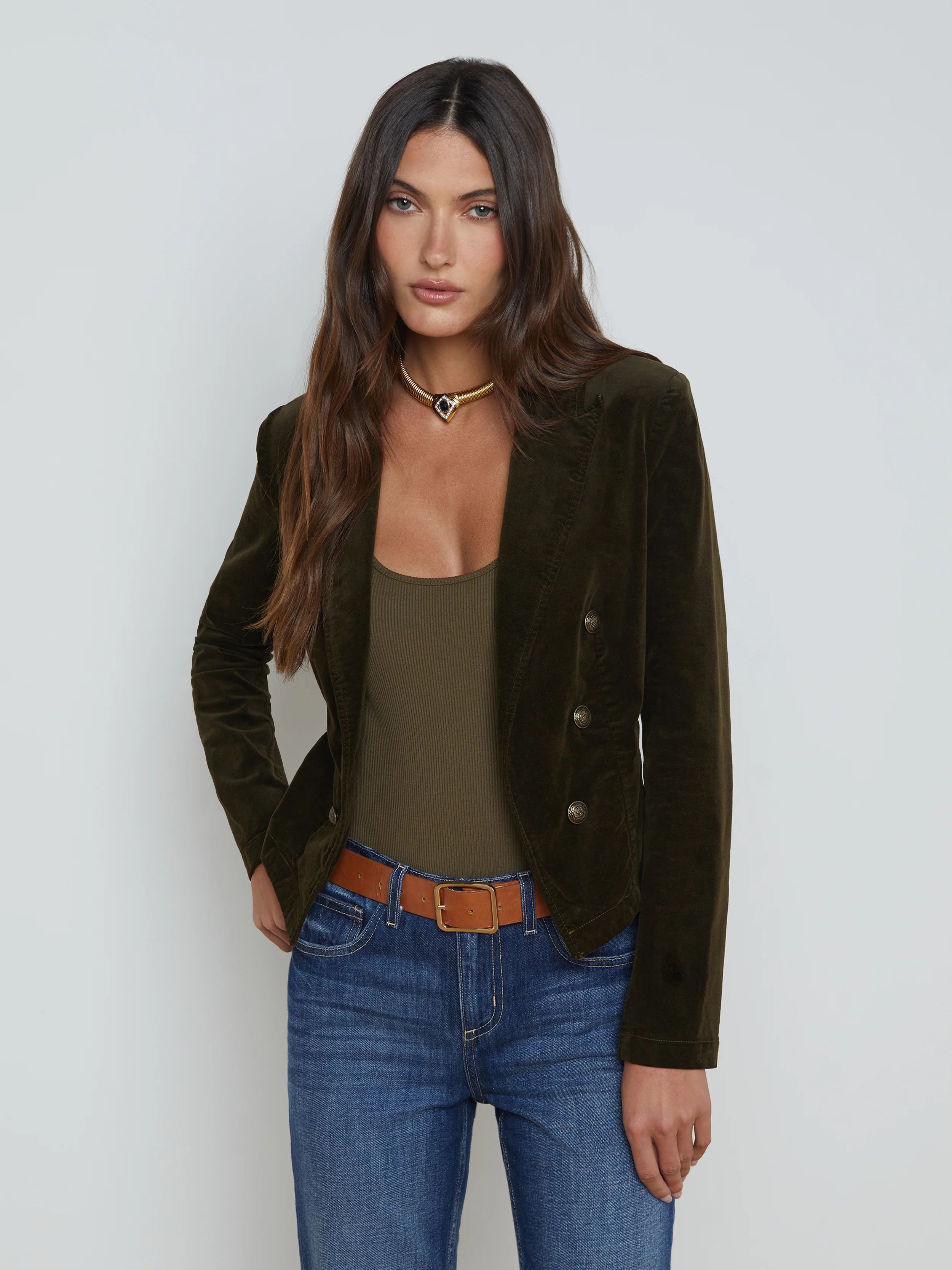 L'AGENCE - Wayne Open-Front Velvet Blazer in Pine | L'Agence