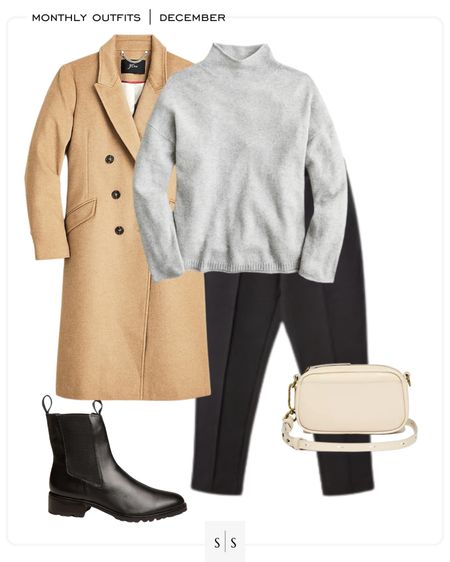 Monthly outfit planner : DECEMBER looks | #camelcoat #rollnecksweater #pullonpant #lugboot #winteroutfit | See entire calendar on thesarahstories.com ✨ 

#LTKstyletip
