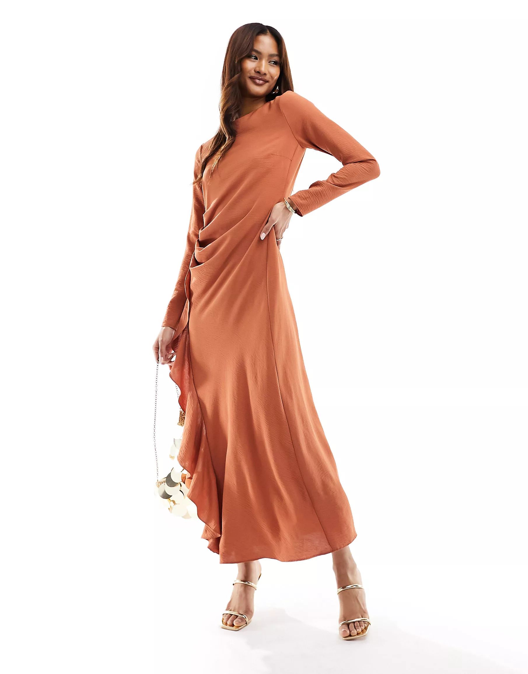 ASOS DESIGN ruched waist asymmetric hem maxi dress in rust | ASOS (Global)
