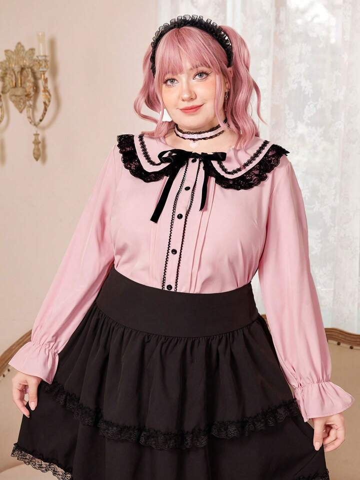 Kawaii Plus Contrast Lace Statement Collar Flare Sleeve Shirt | SHEIN