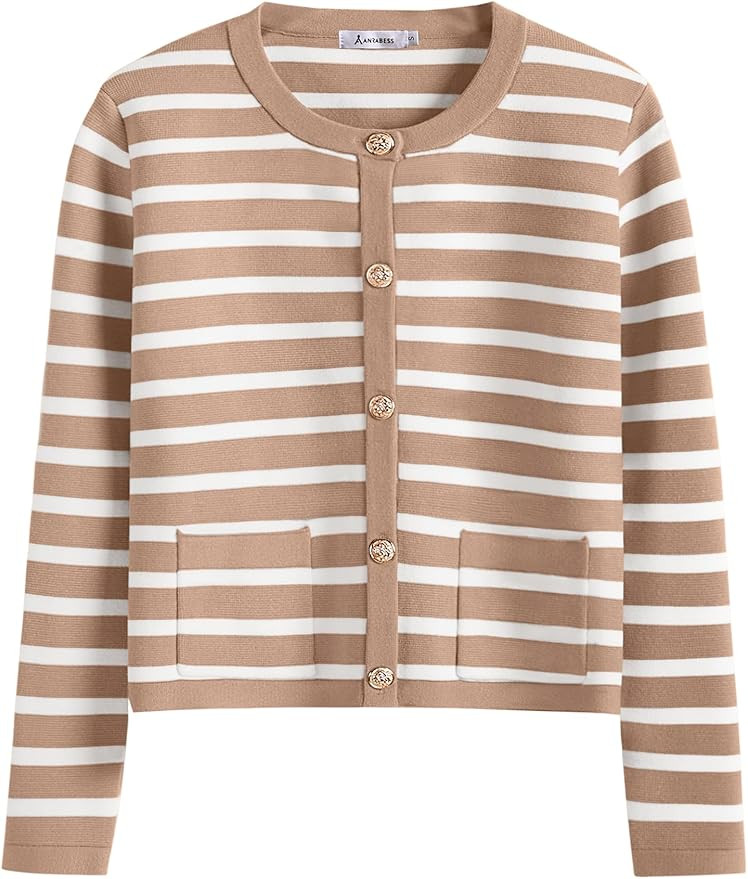 ANRABESS Women Striped Cardigan Sweaters Button Down Cropped Knit Lady Jackets Coat 2025 Fall Out... | Amazon (US)