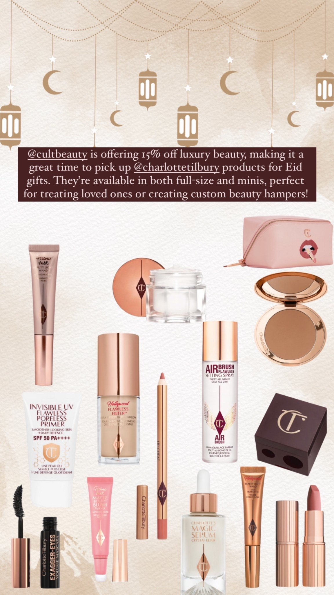 Cult Beauty is offering 15% off luxury beauty, making it a great time to pick up Charlotte Tilbury products for Eid gifts. They’re available in both full-size and minis, perfect for treating loved ones or creating custom beauty hampers!

#LTKbeauty #LTKsale #LTKgiftguide