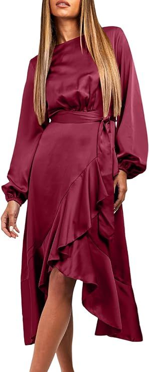BLENCOT Women's Satin Ruffle Hem Split Midi Dress Long Sleeve Wrap Front Tie Knot Formal Party Lo... | Amazon (US)