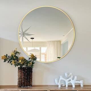 24 in. W x 24 in. H Gold Vanity Round Wall Mirror Aluminum Alloy Frame Bathroom Mirror | The Home Depot