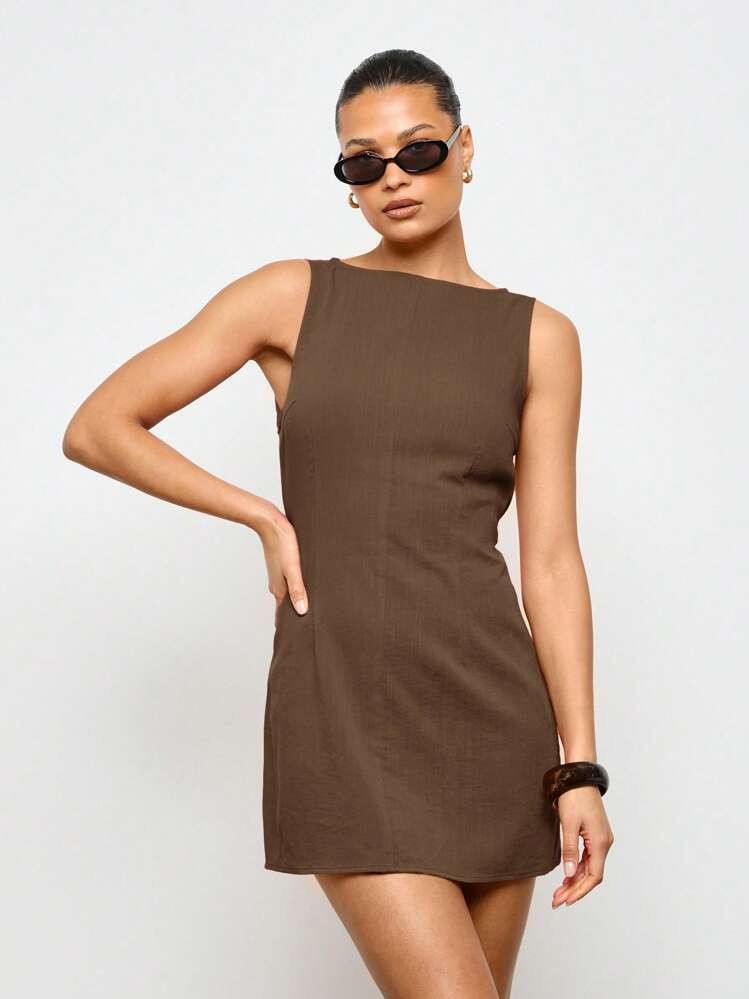 AiiRZ Sleeveless Linen Feel Mini Dress A Line Summer Daytime Beach Resort Wear High Neck Tie Wais... | SHEIN