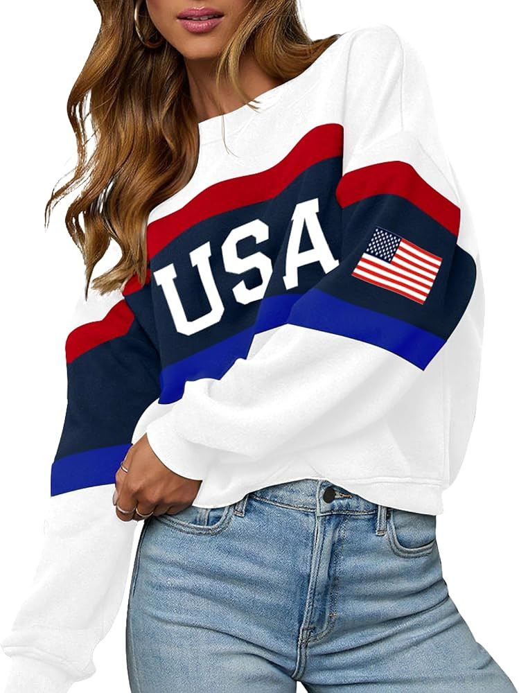 Womens USA Sweatshirt Crewneck American Flag Knit Sweater Long Sleeve 4th of July T Shirts Loose ... | Amazon (US)