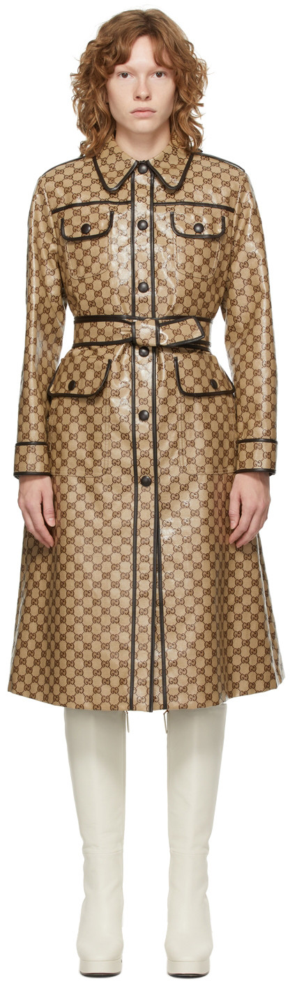 Beige & Brown GG Coated Canvas Trench Coat | SSENSE