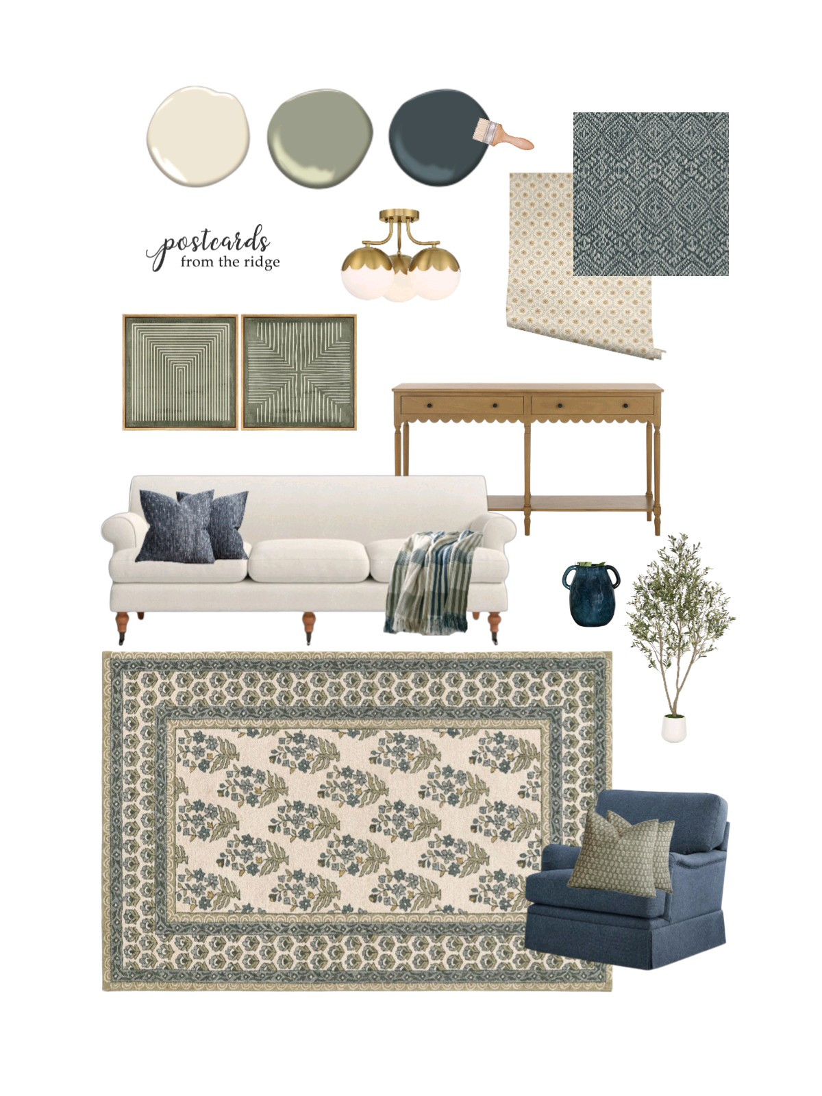 This Cotswald English cottage living room is so welcoming. The block print area rug and scalloped console table and ceiling light are so charming. Blues and greens are trending in interiors too. Matching paint colors are shown. 

#LTKHome #LTKSaleAlert #LTKStyleTip