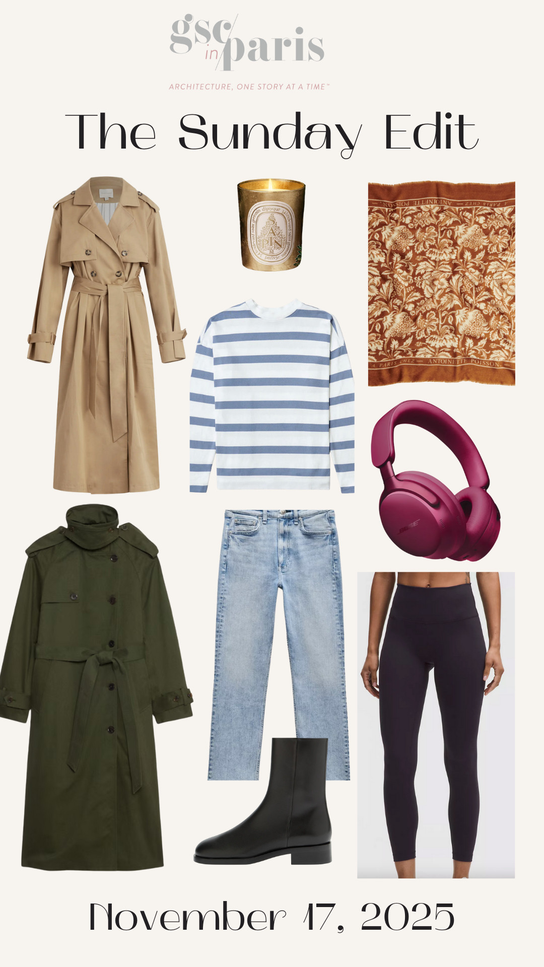 This week I am both gift shopping - the Bose headphones and Lululemon gear for my teens and getting my suitcase together for Paris in December - I think I found the perfect boot for lots of walking and trench coats are a top seller right now, so I found two more that seem great. Who can resist a striped top (comes in so many colors). The Sézane scarf will be perfect for cold  days in Paris. The Diptyque Pinetree candle was also a best seller recently. Enjoy! 

 #LTKGiftGuide #LTKHoliday #LTKTravel