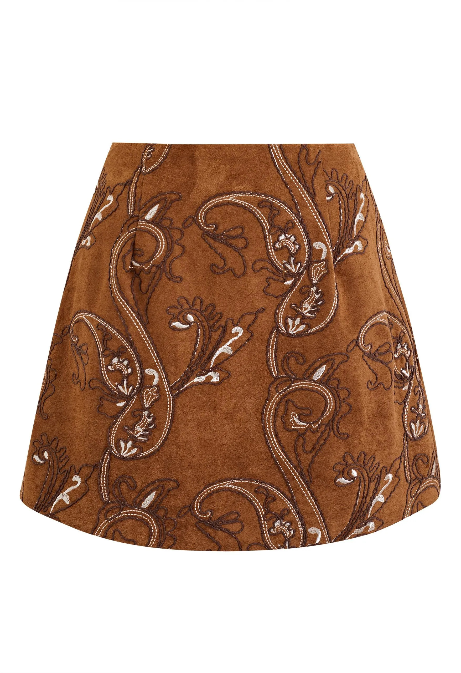 Paisley Embroidery Faux Suede Mini Bud Skirt in Caramel for Countryside Trips & Music Festivals | Chicwish