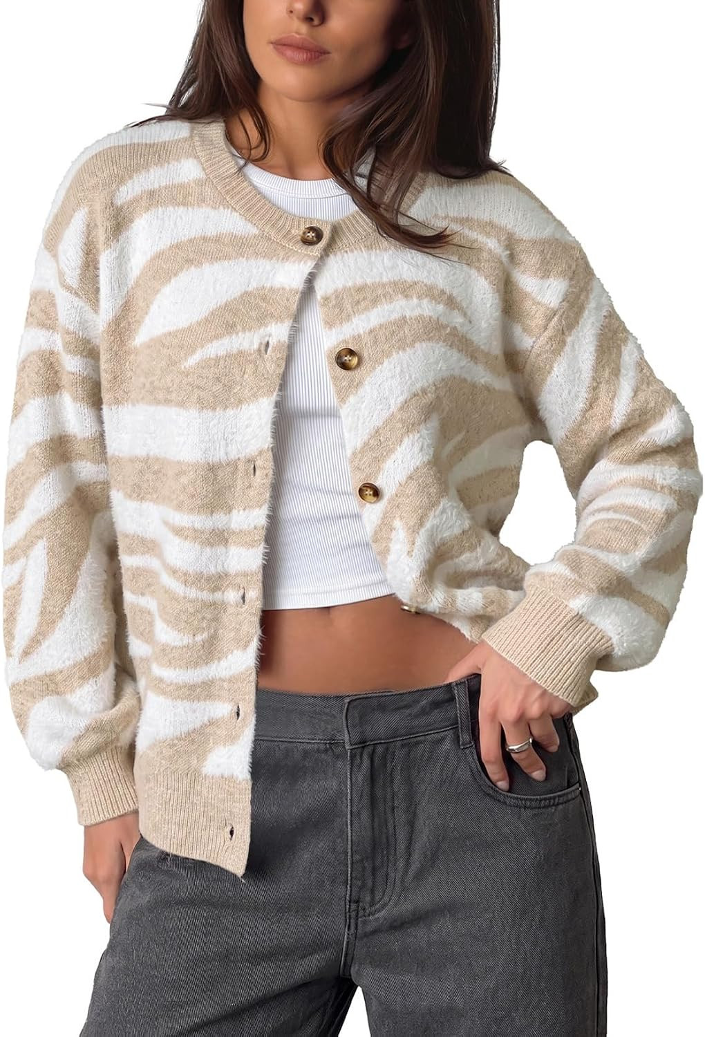 Sidefeel Women's Animal Print Crewneck Long Sleeve Cardigan Sweaters | Amazon (US)